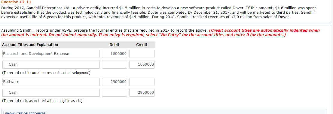  Exercise 12-11 During 2017, Sandhill Enterprises Ltd., a private entity, incurred