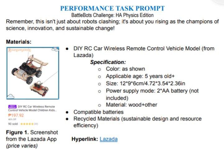  PERFORMANCE TASK PROMPT BattieBots Challenge: HA Physics Edition Remember, this isn't