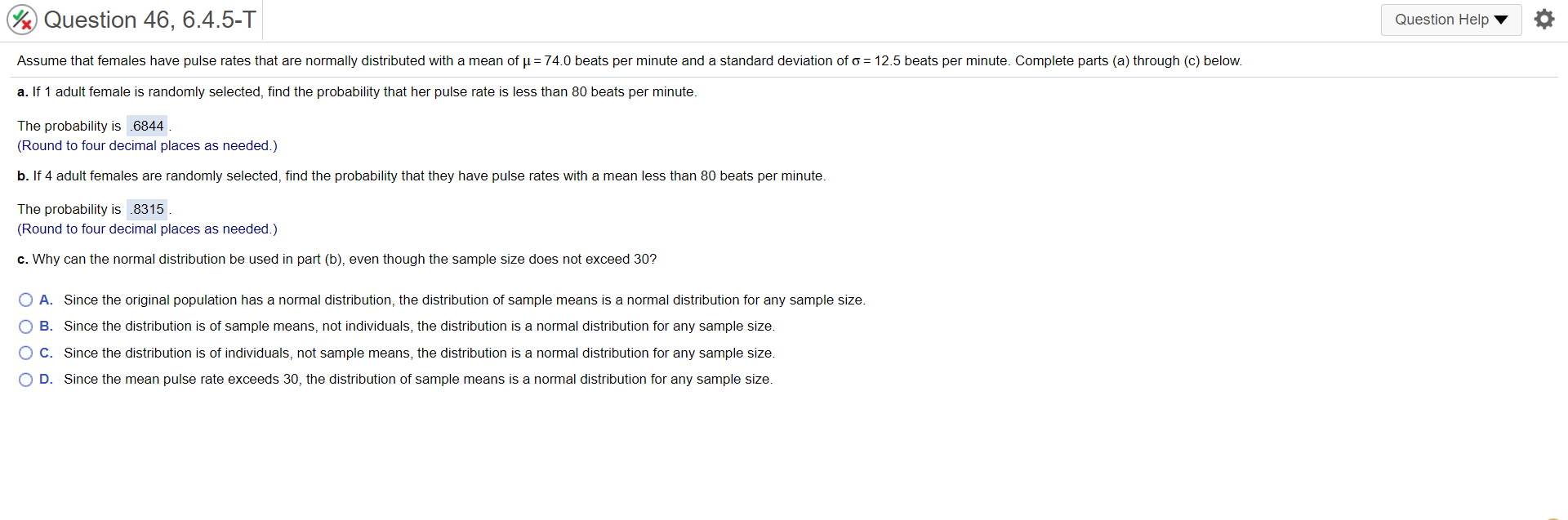 6.4.5-T Question Help Assume that females have pulse rates that are normally