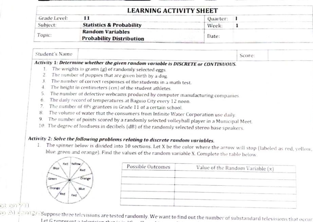STATISTIC AND PROBABILITY LEARNING ACTIVITY SHEET Grade Level: 11 Quarter: Subject: Statistics
