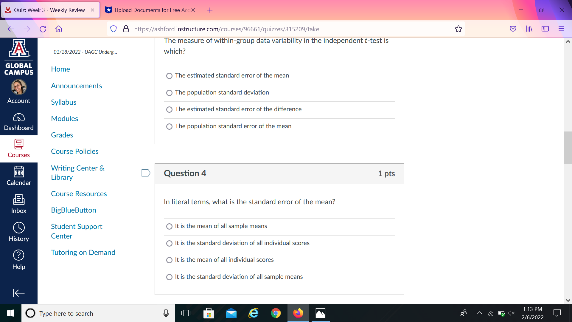 Free Acc x + X O & https://ashford.instructure.com/courses/96661/quizzes/315209/take A 01/18/2022 - UAGC