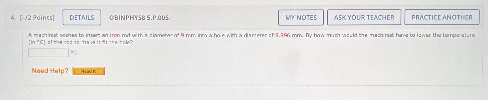  4. [-/2 Points] DETAILS OBINPHYS8 5.P.005. MY NOTES ASK YOUR TEACHER