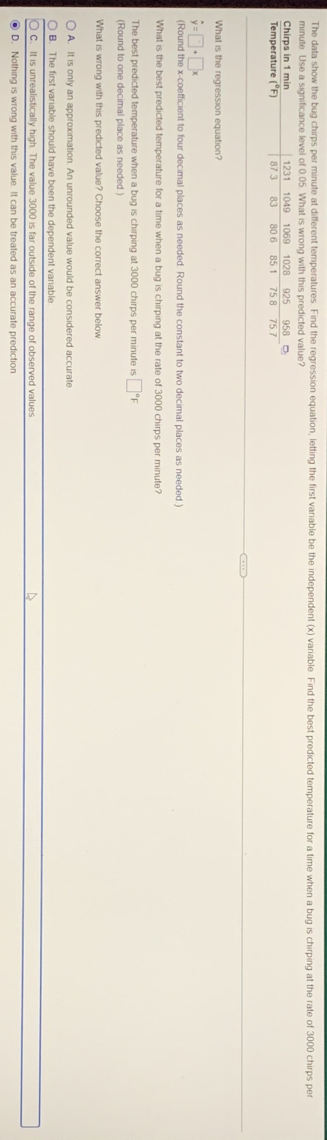 The data show the bug chirps per minute at different temperatures.