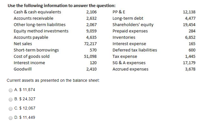 ............................................................... Use the following Information to answer the question : Cash