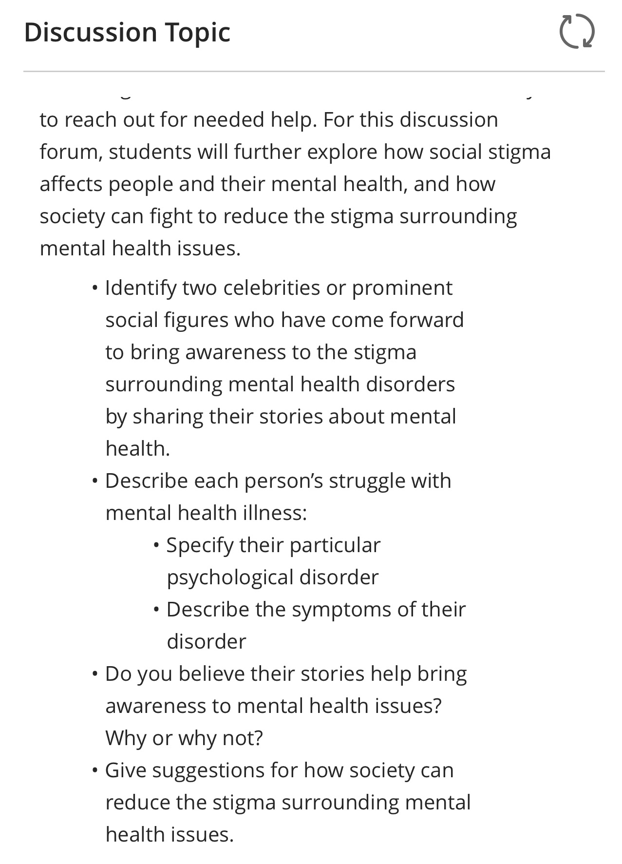  Discussion Topic ) r to reach out for needed help. For