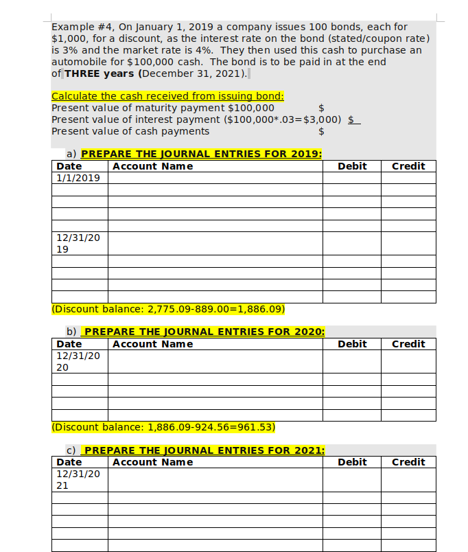 How would you fill in the table Example #4, On January 1,
