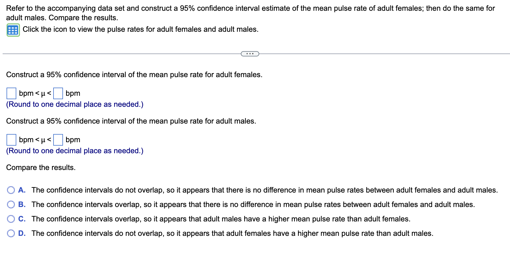 view the pulse rates for adult females and adult males. . .