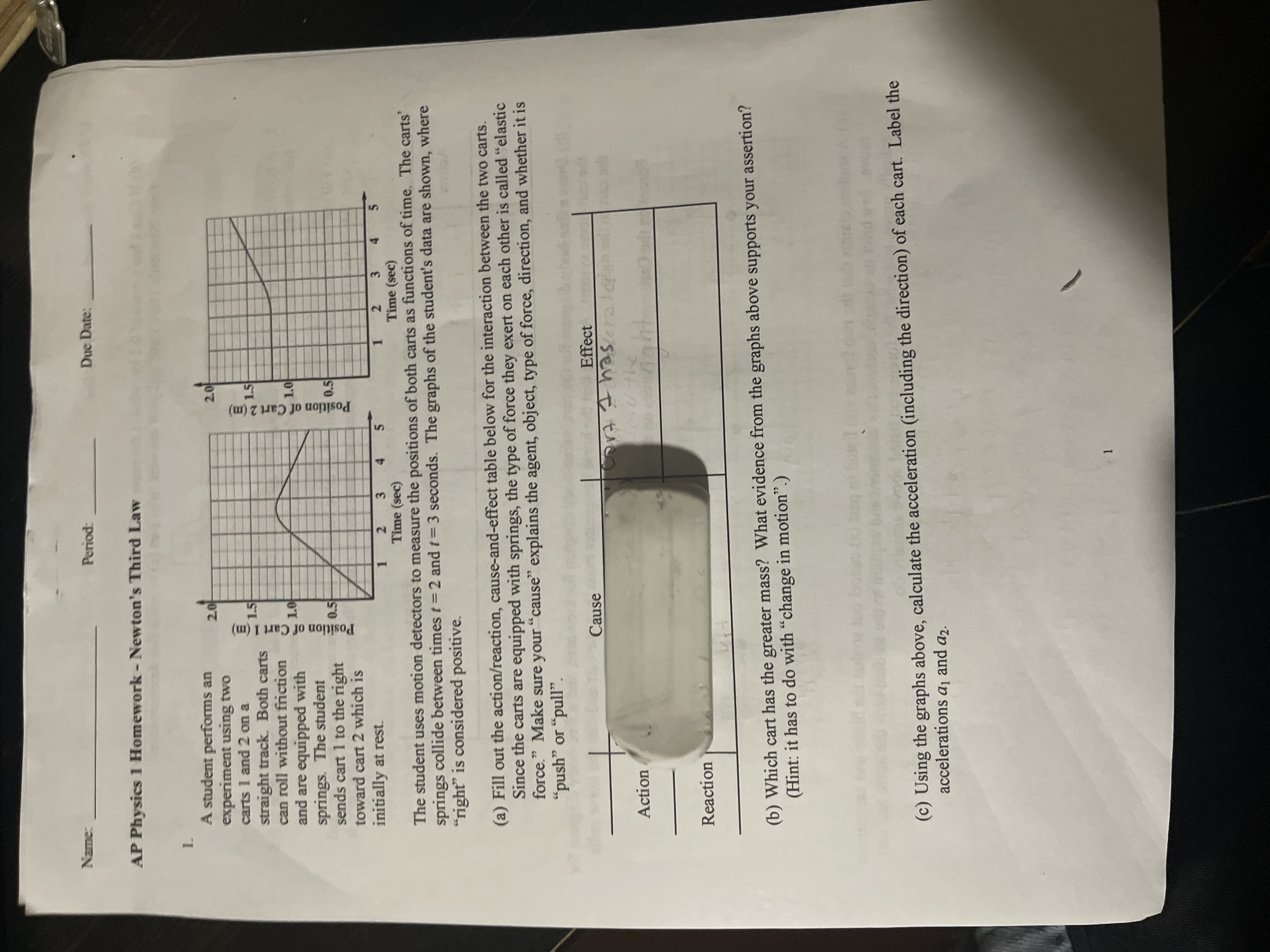 Name: Period: Due Date: AP Physics 1 Homework - Newton's Third