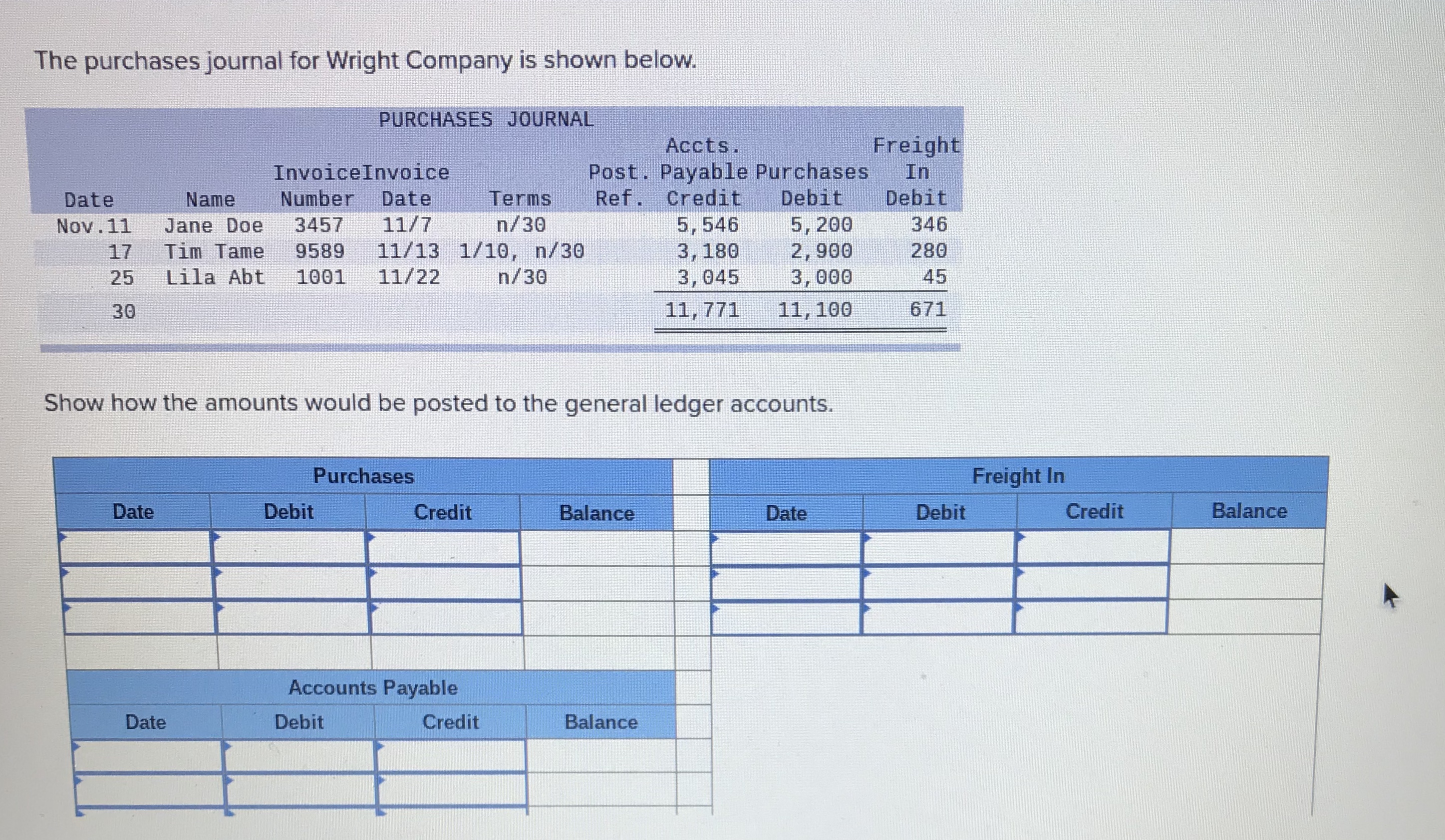 Please answer question The purchases journal for Wright Company is shown below.