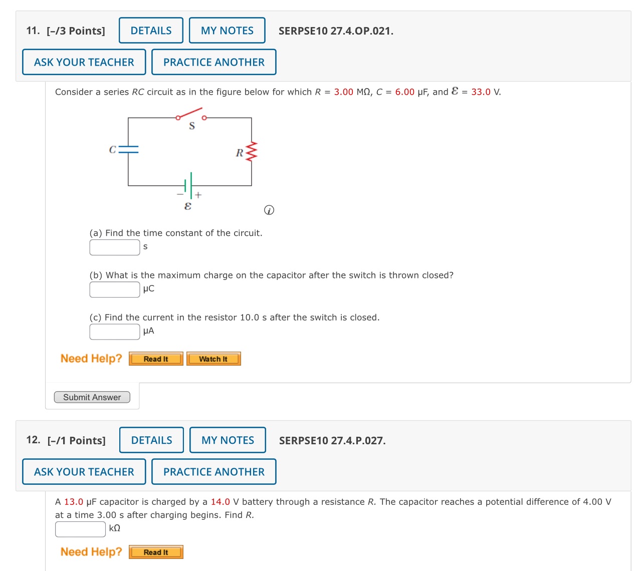  11. [-/3 Points] DETAILS MY NOTES SERPSE10 27.4.OP.021. ASK YOUR TEACHER