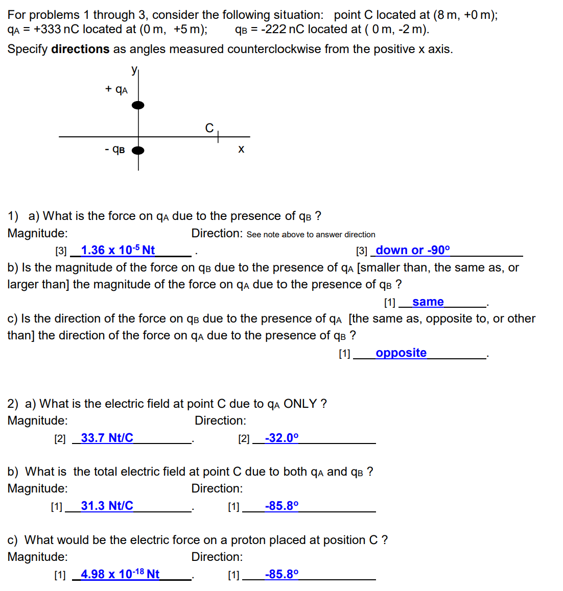 located at (8 m, +0 m); qA = +333 nC located at