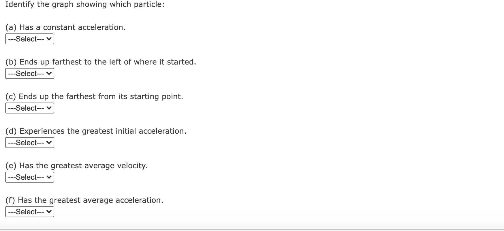 the graph showing which particle: (a) Has a constant acceleration. ---Select-- V