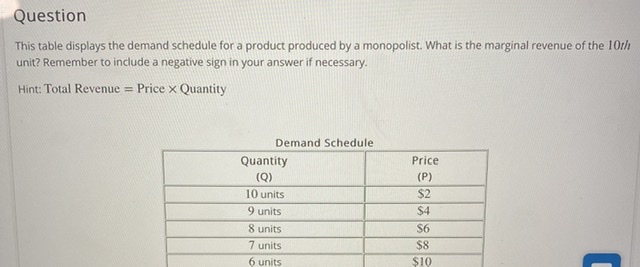 Question This table displays the demand schedule for a product produced