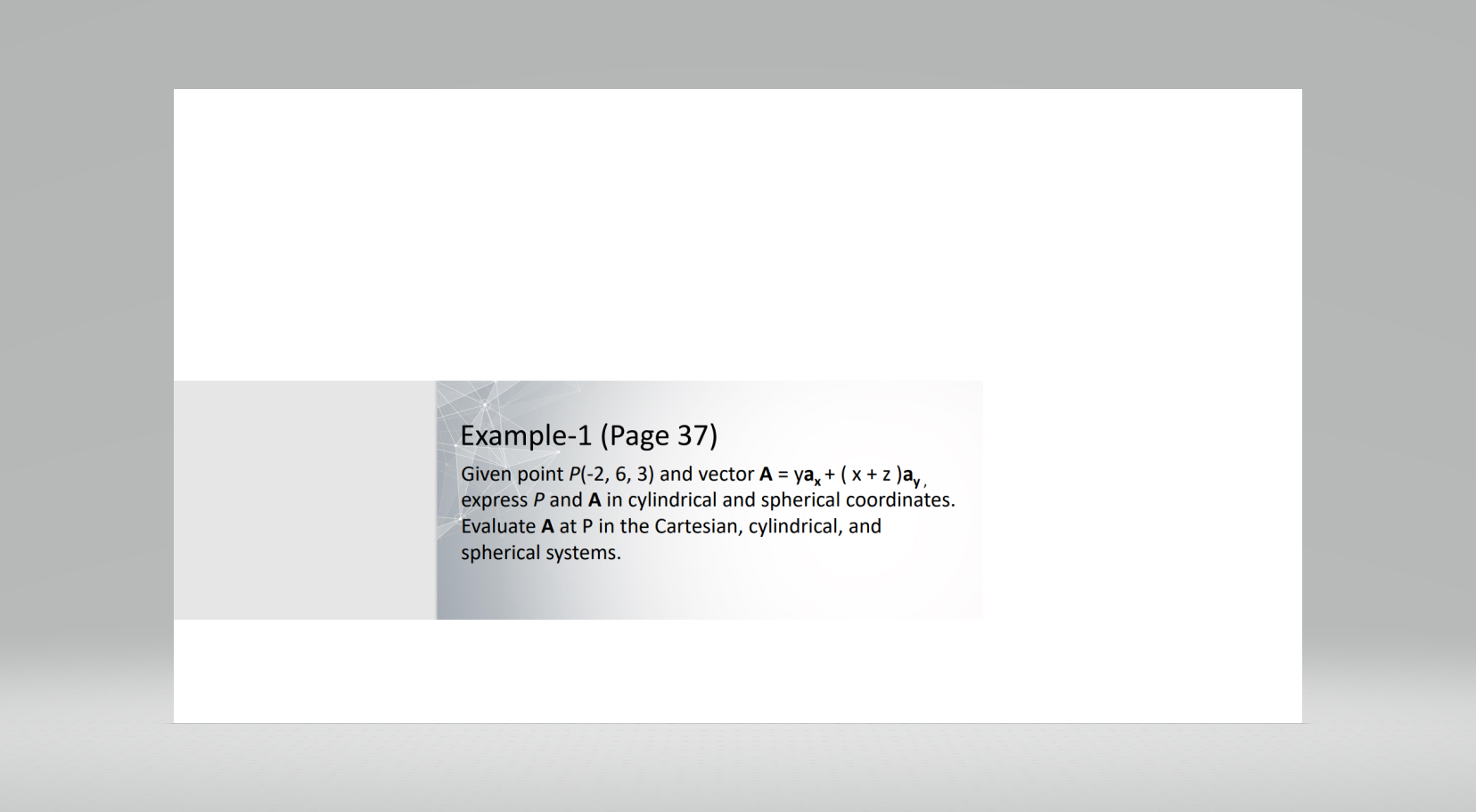 Example-1 (Page 37) Given point P(-2, 6, 3) and vector A