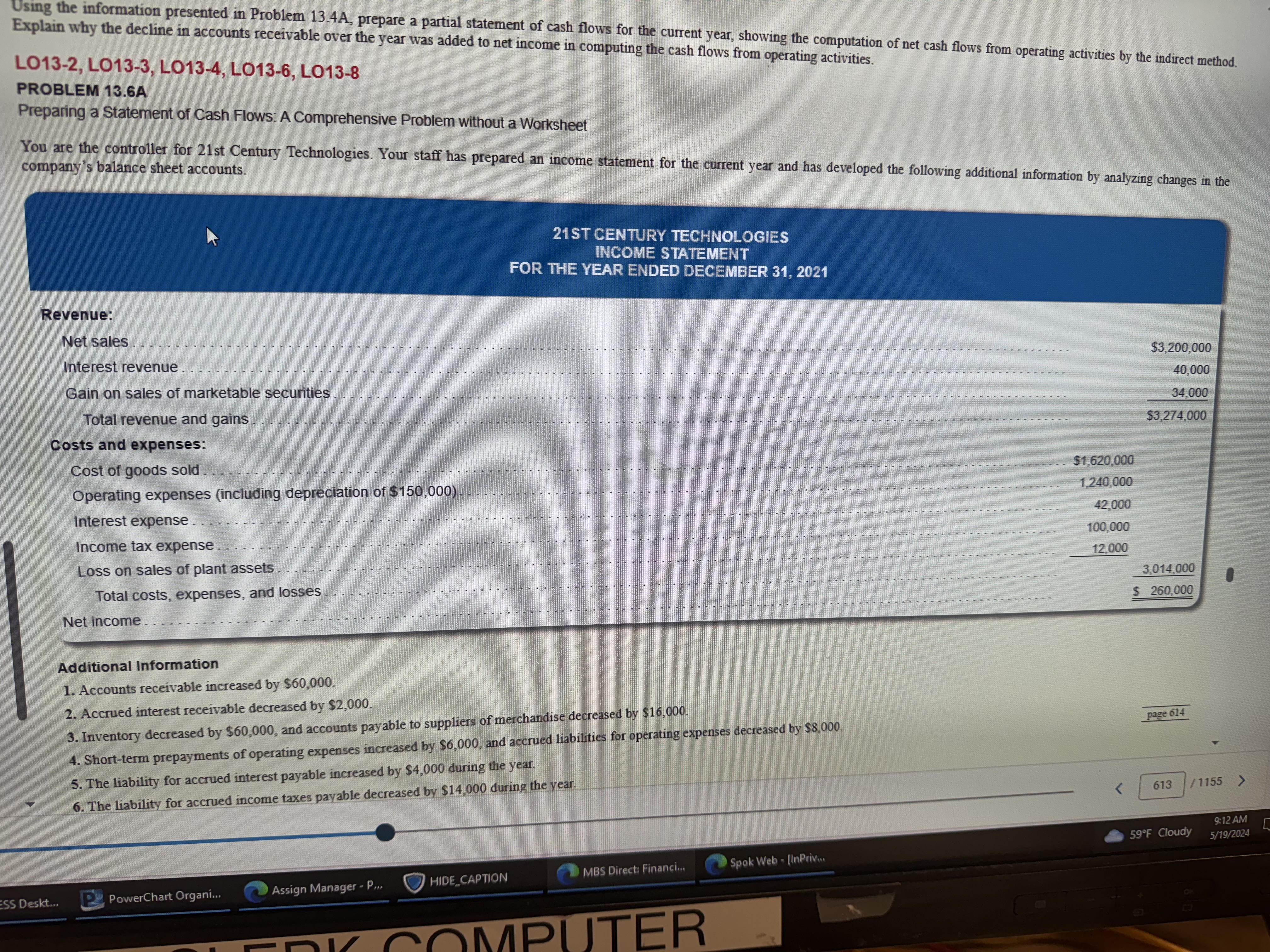 LO13-8 PROBLEM 13.6A Preparing a Statement of Cash Flows: A Comprehensive Problem