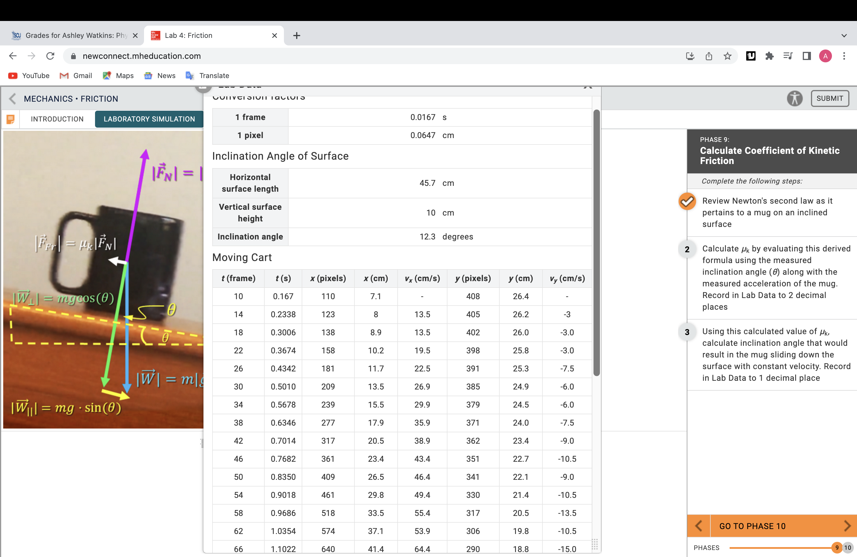 angle () along with the measured acceleration of the mug. Record in