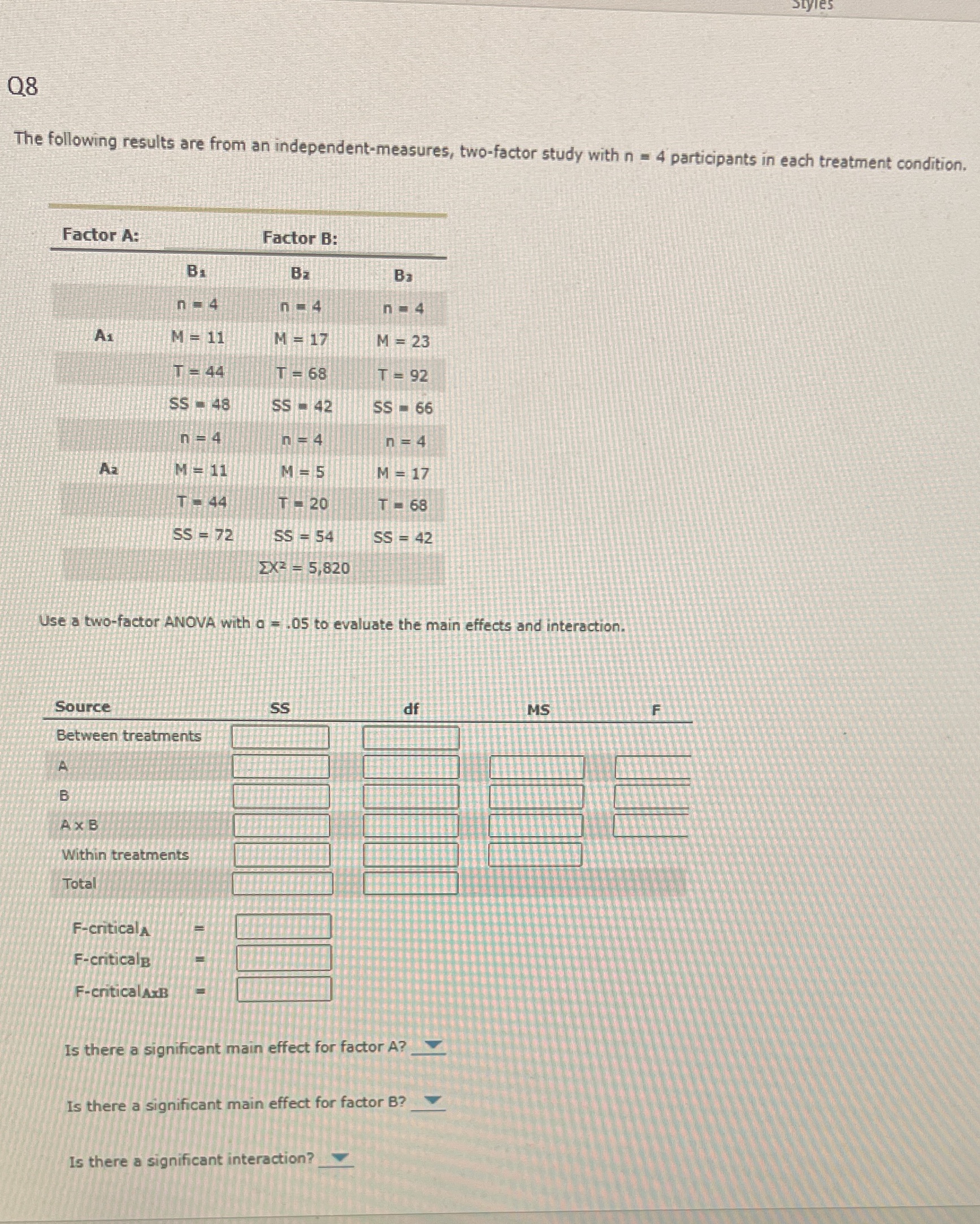 (Ch13-EOC-Q8) For the boxes, compute the missing numerical values. Go up to