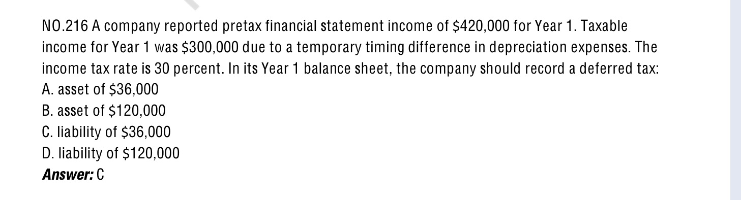 Can u explain the answer N0.216 A company reported pretax financial statement