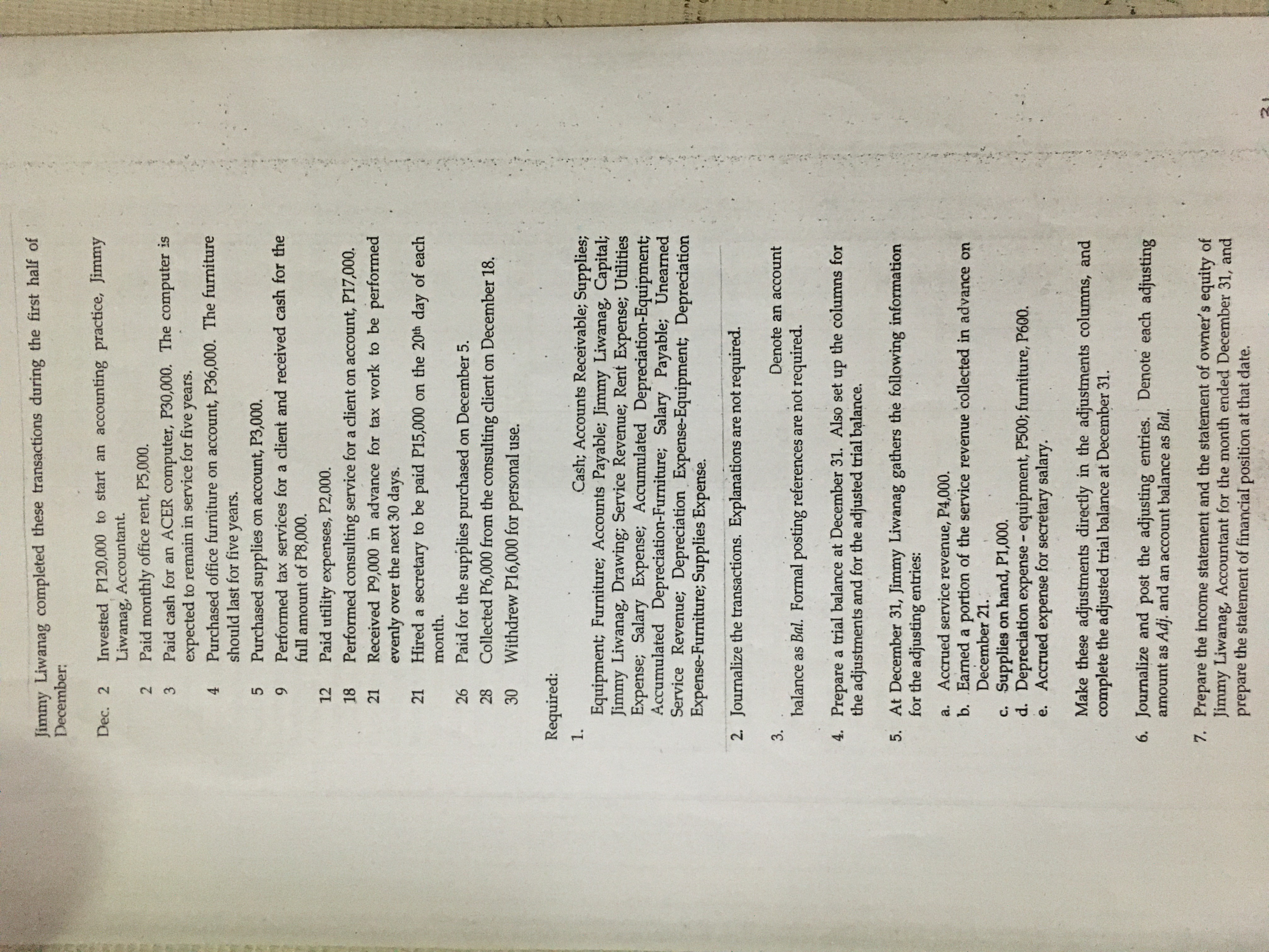 balance P5,000, one-fifth has expired. Adj. Trial Income Account Trial Balance Adjustments