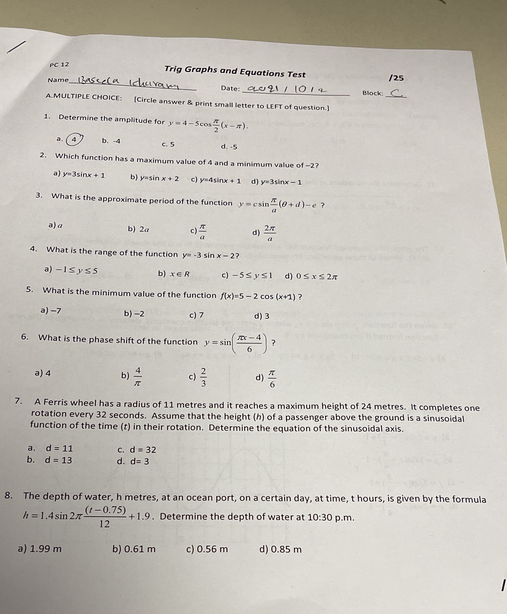 PC 12 Trig Graphs and Equations Test 125 Name Bascela churam