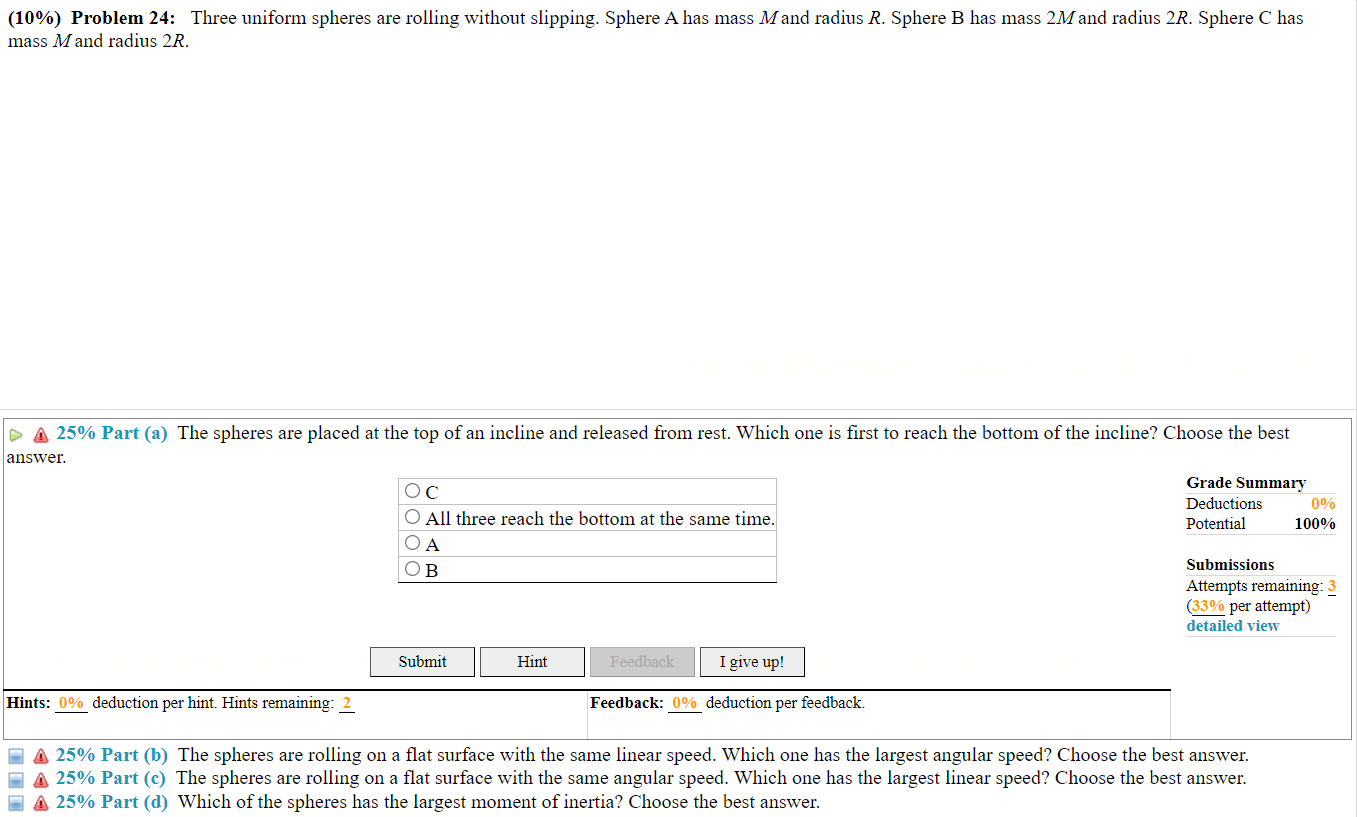 Ahas mass M and radius R. Sphere B has mass 2M and
