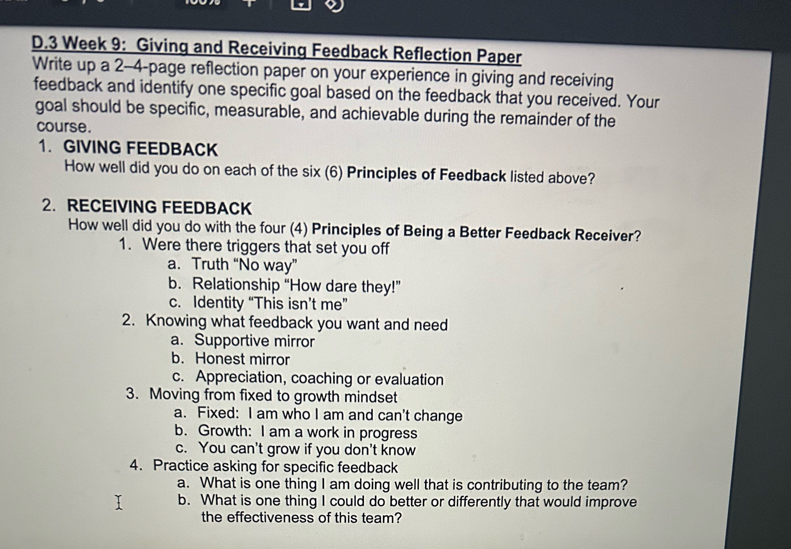  D.3 Week 9: Giving and Receiving Feedback Reflection Paper Write up