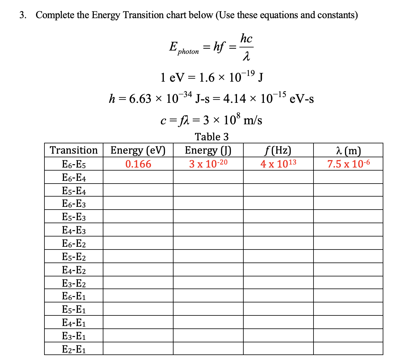 3. Complete the Energy Transition chart below (Use these equations and