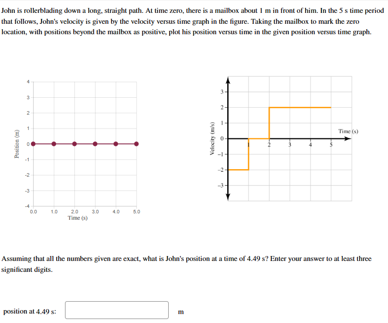  John is rollerblading down a long, straight path. At time zero,