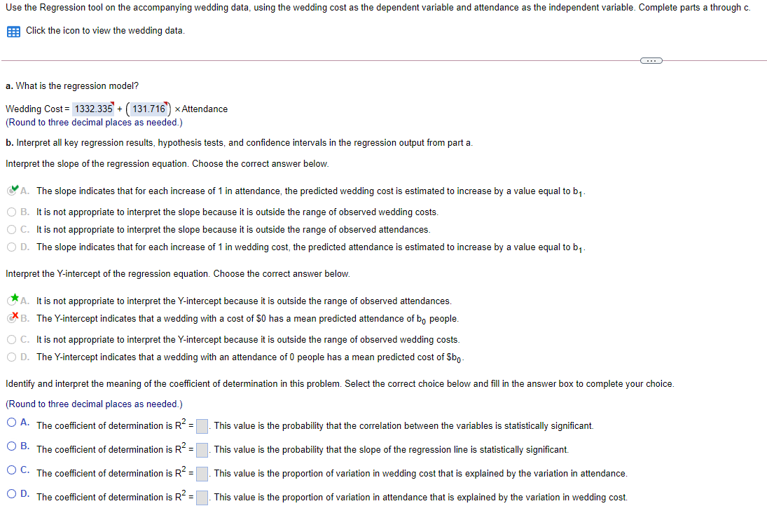 Use the Regression tool on the accompanying wedding data, using the