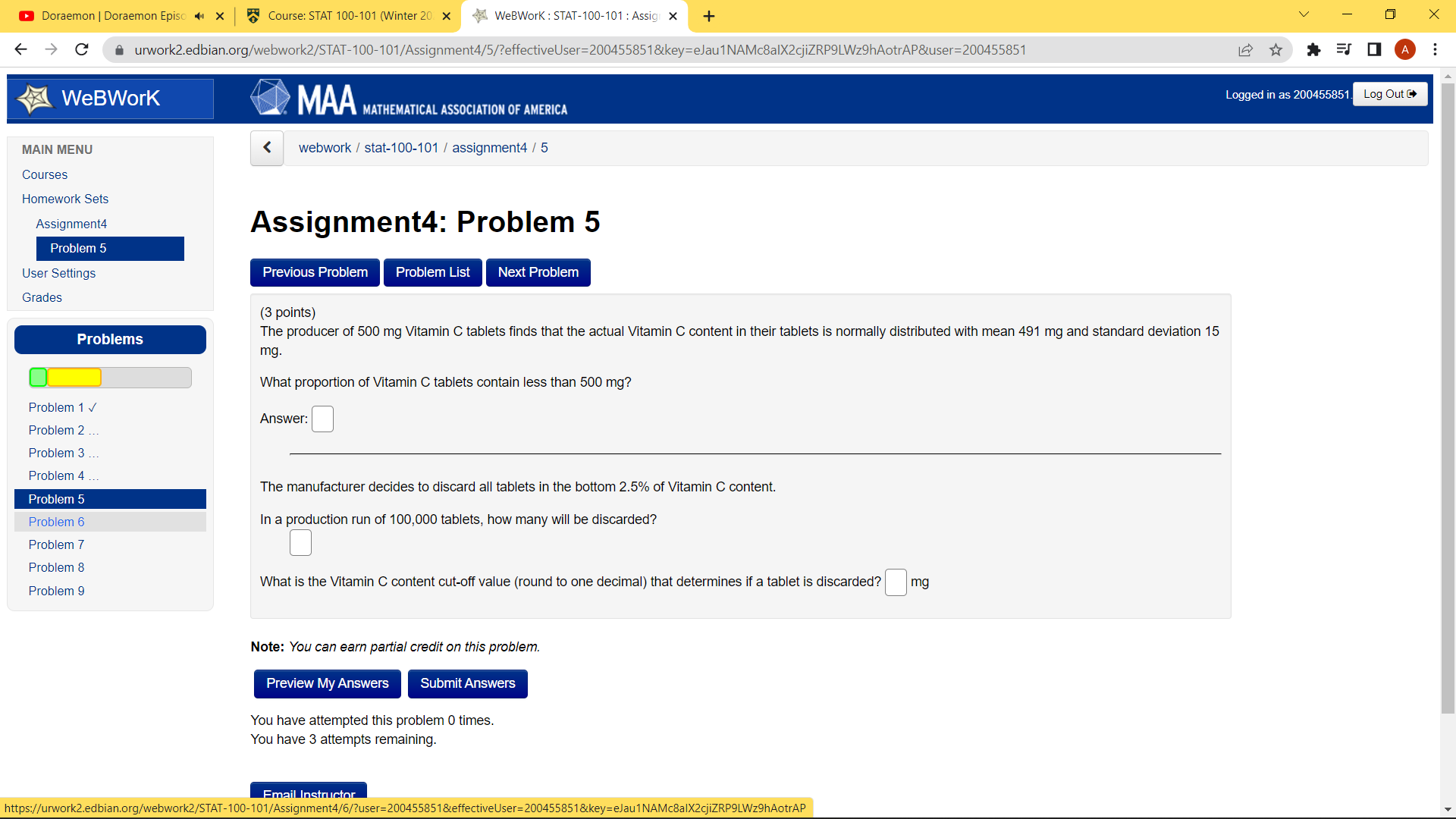 X WeBWork : STAT-100-101 : Assign X + V X C a