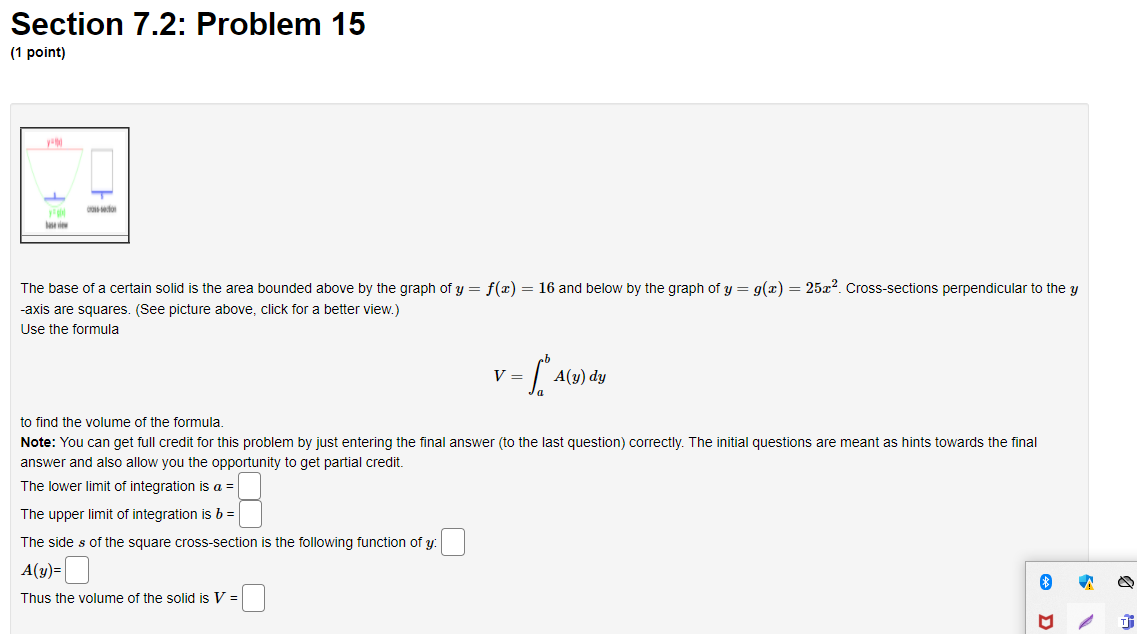solid is the area bounded above by the graph of y =