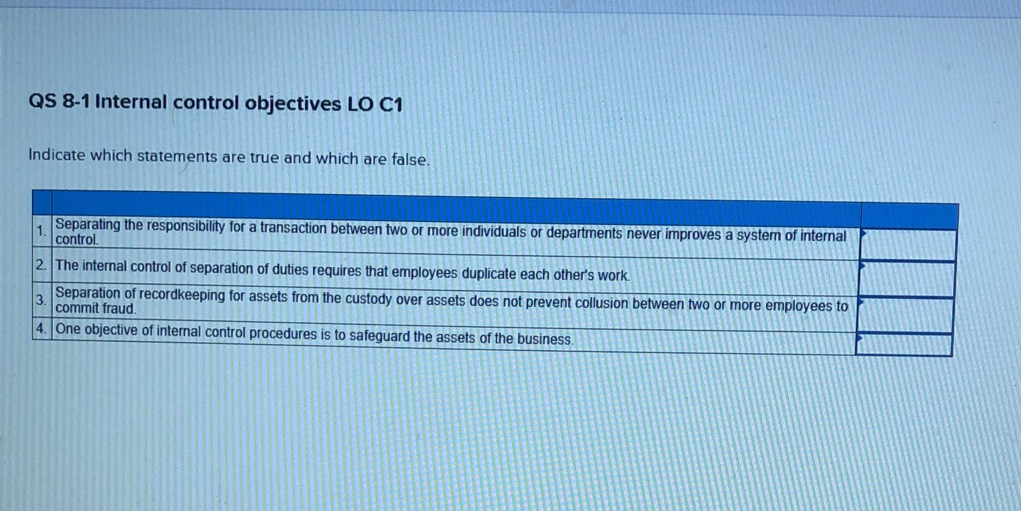 1 QS 8-1 Internal control objectives LO C1 Indicate which statements are
