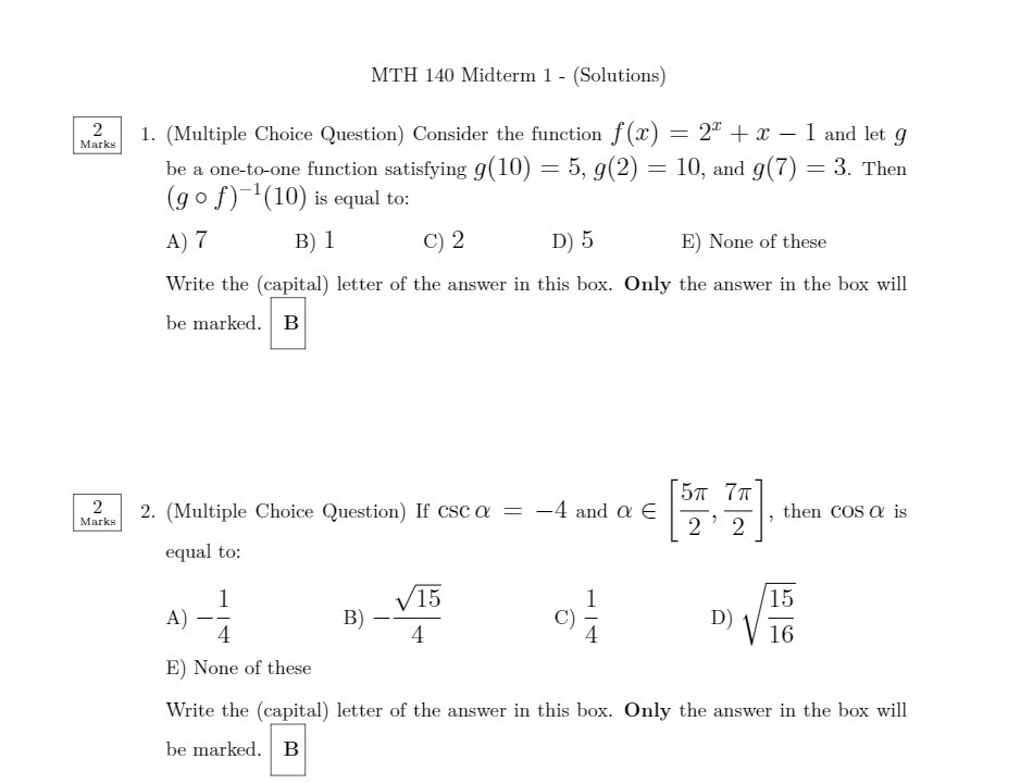 .1- .2- MTH 140 Midterm 1 (Solutions) [Multiple Choice Question) Consider