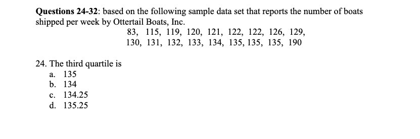 Questions 24-32: based on the following sample data set that reports