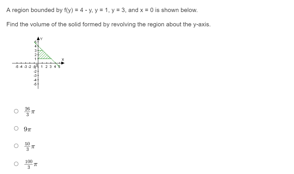 1, and x = O is shown below. Find the volume of