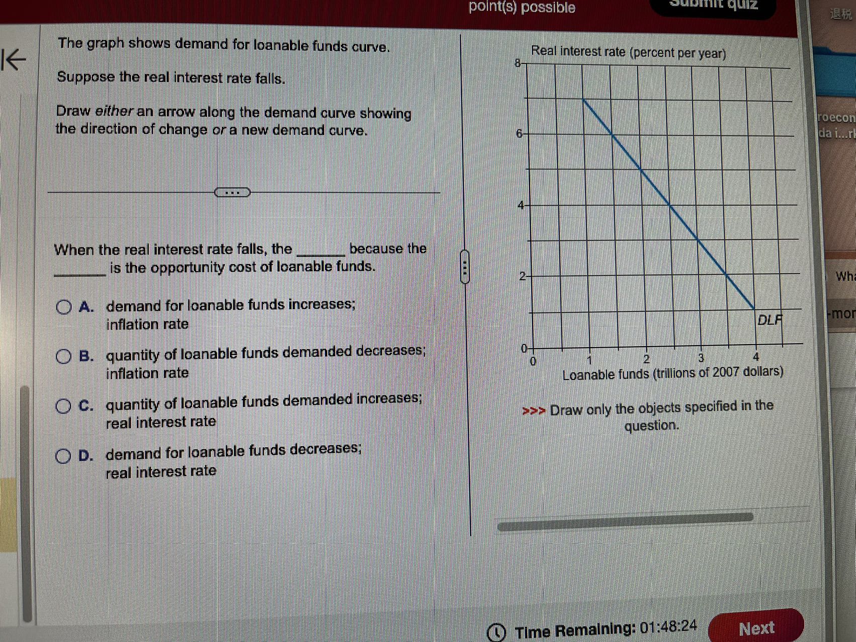  point(s) possible The graph shows demand for loanable funds curve Suppose