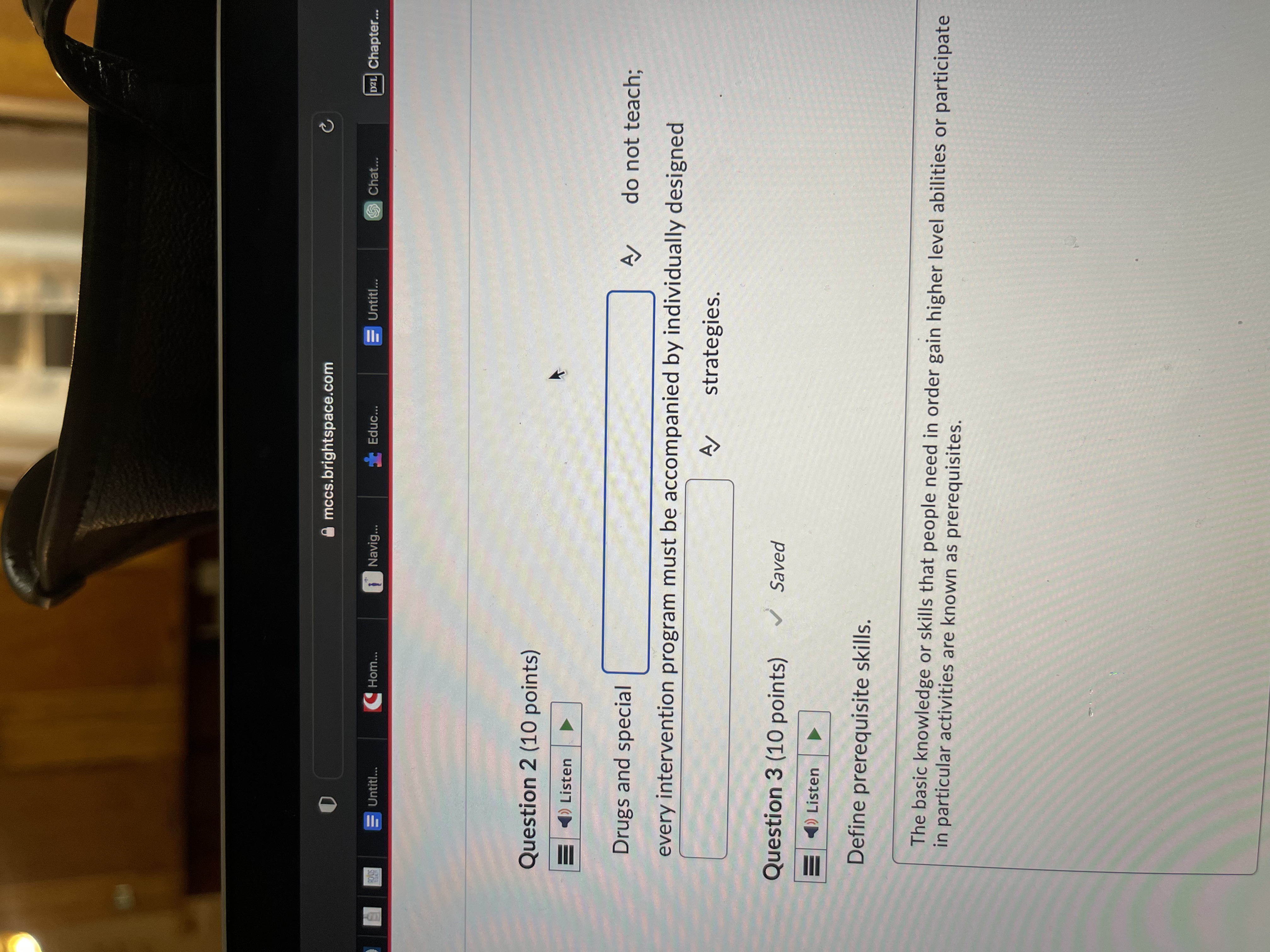 A mccs.brightspace.com C Hom.. Navig.. Educ.. Untitle.. Chat. D21. Chapter... Untitle..