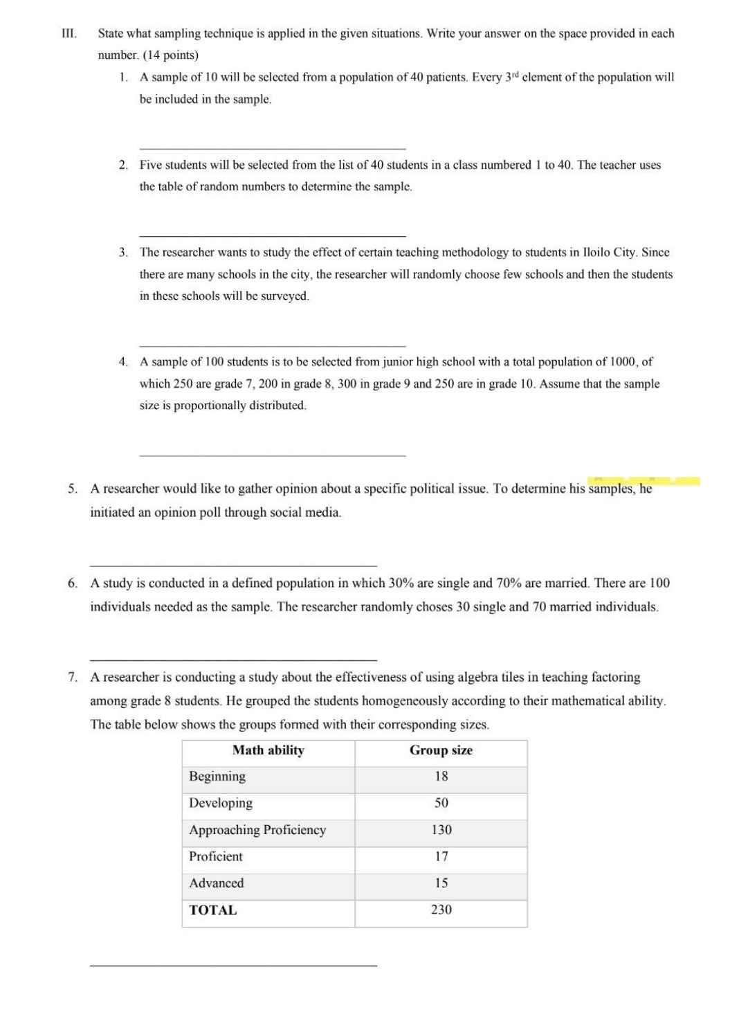 Write your answer on the space provided in each number. (14 points)