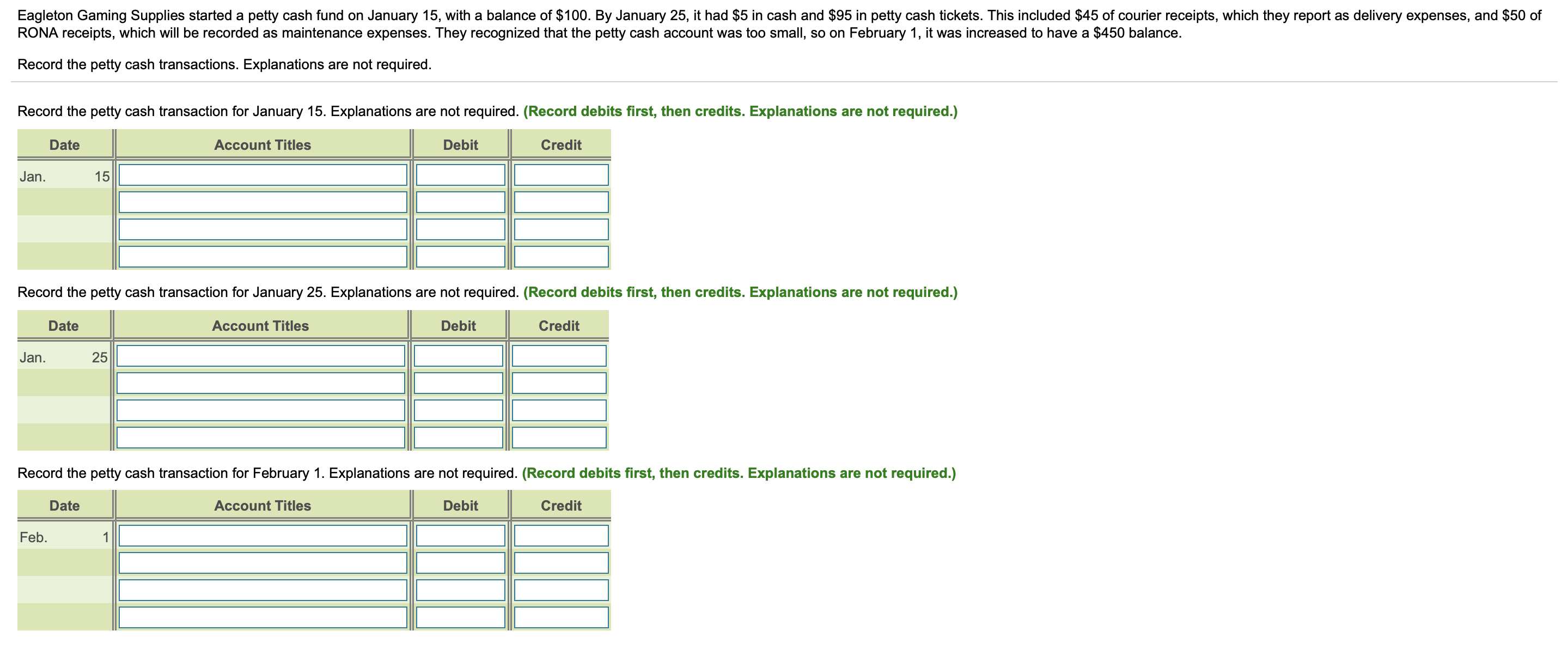 Just some help please? Eagleton Gaming Supplies started a petty cash fund