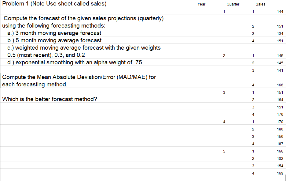 1 144 Compute the forecast ofthe given sales projections (quarterly) using the