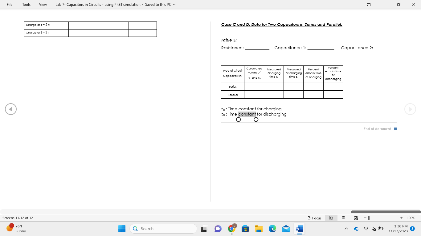 values of resistance and capacitance to calculate the time constant Velt- C