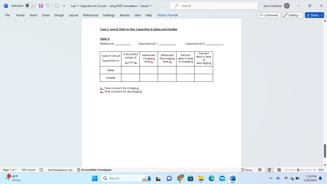 your calculation in the table II. Case-C: Capacitors in Series. 1. Set