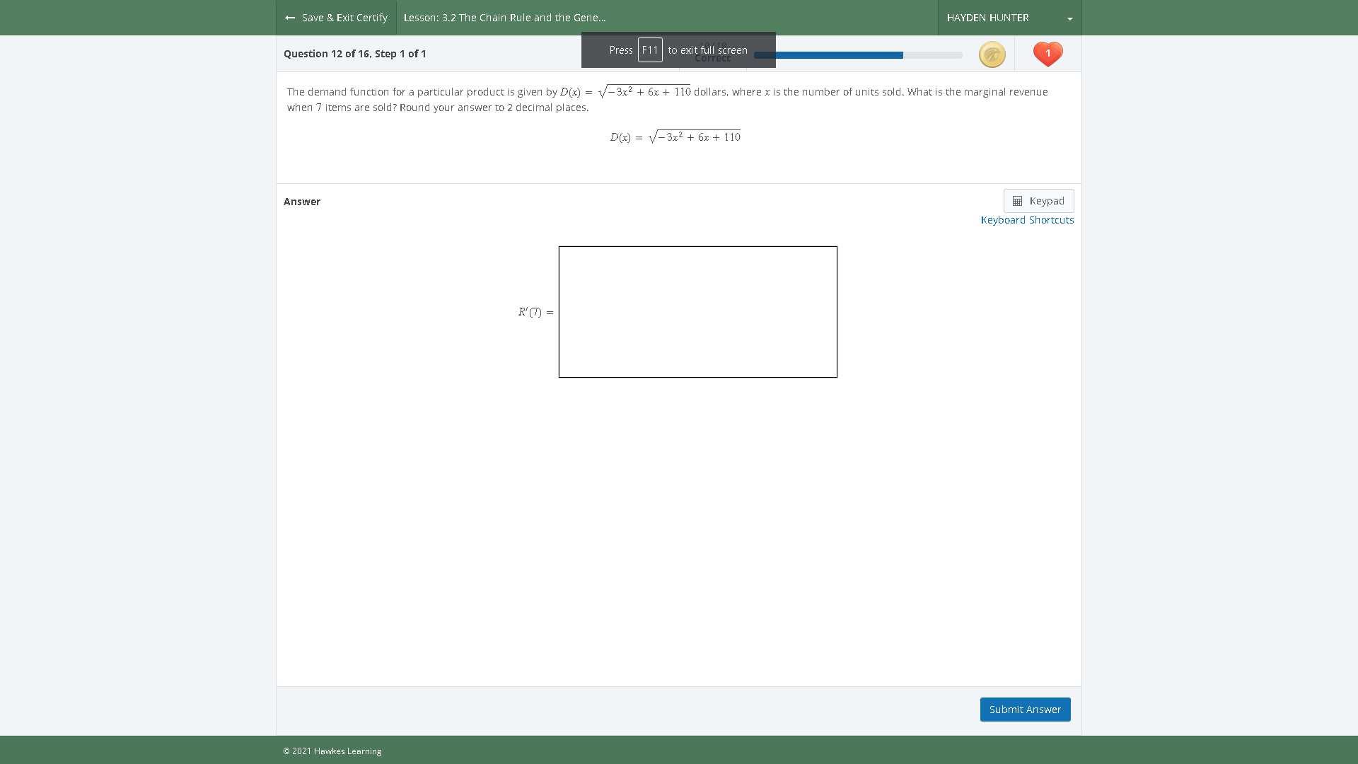  + Save & Exit Certify |Lesson: 3.2 The Chain Rule and