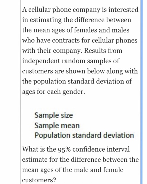 the mean ages of females and males who have contracts for cellular