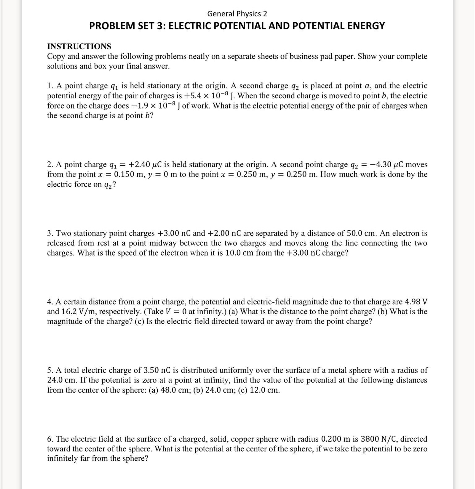  General Physics 2 PROBLEM SET 3: ELECTRIC POTENTIAL AND POTENTIAL ENERGY