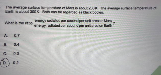 solve this The average surface temperature of Mars is about 200K. The