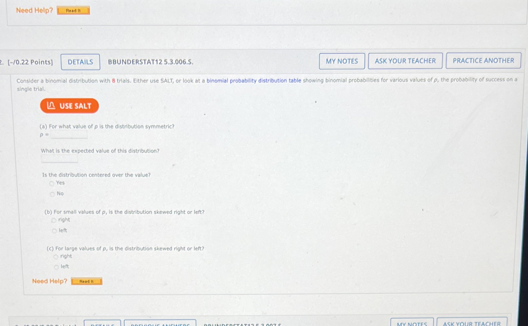  Need Help? Read It [-/0.22 Points] DETAILS BBUNDERSTAT12 5.3.006.S. MY NOTES