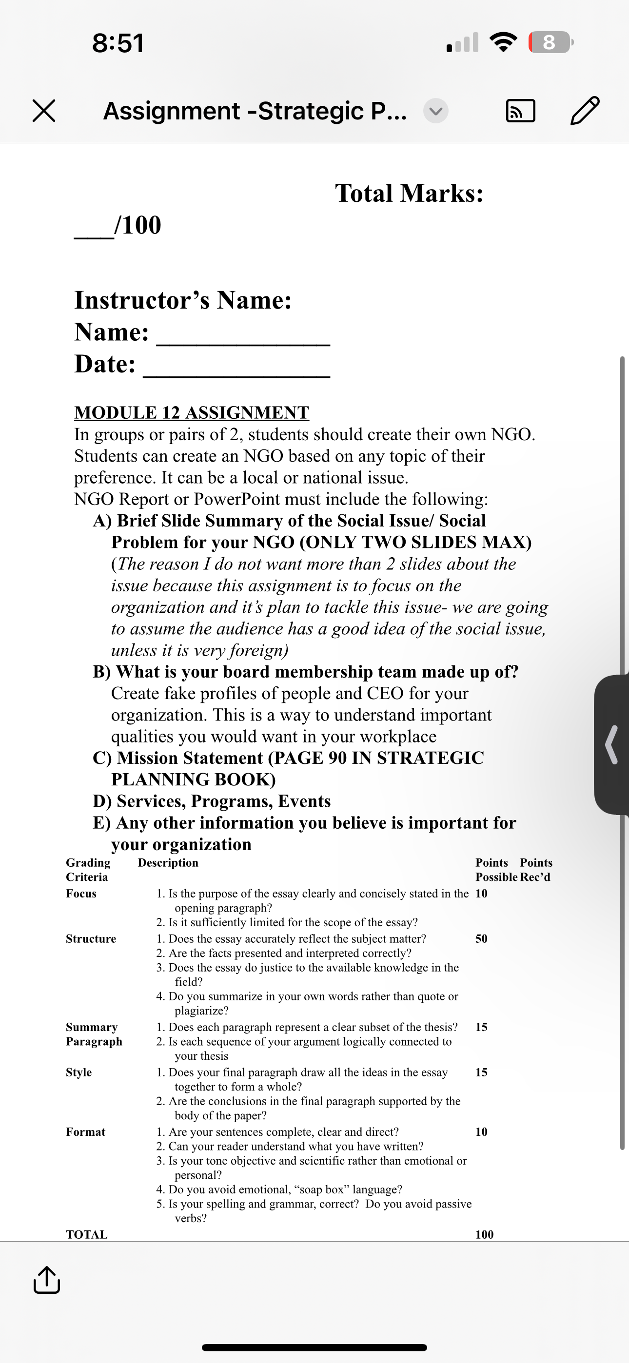 Instructor's Name: Name: Date: MODULE 12 ASSIGNMENT In groups or pairs of