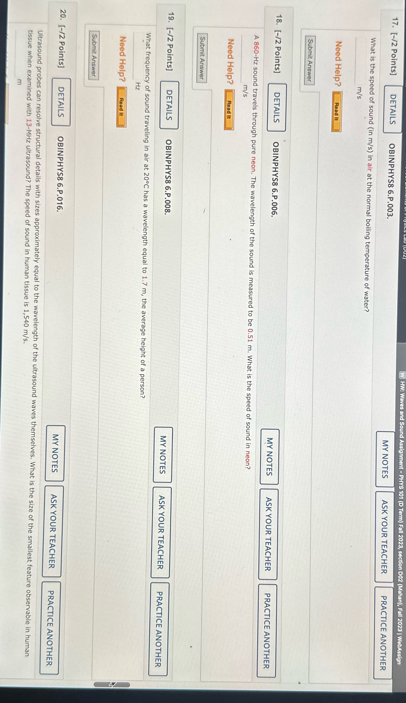  and Sound Assignment - PHYS 101 (D Term) Fall 2023, section