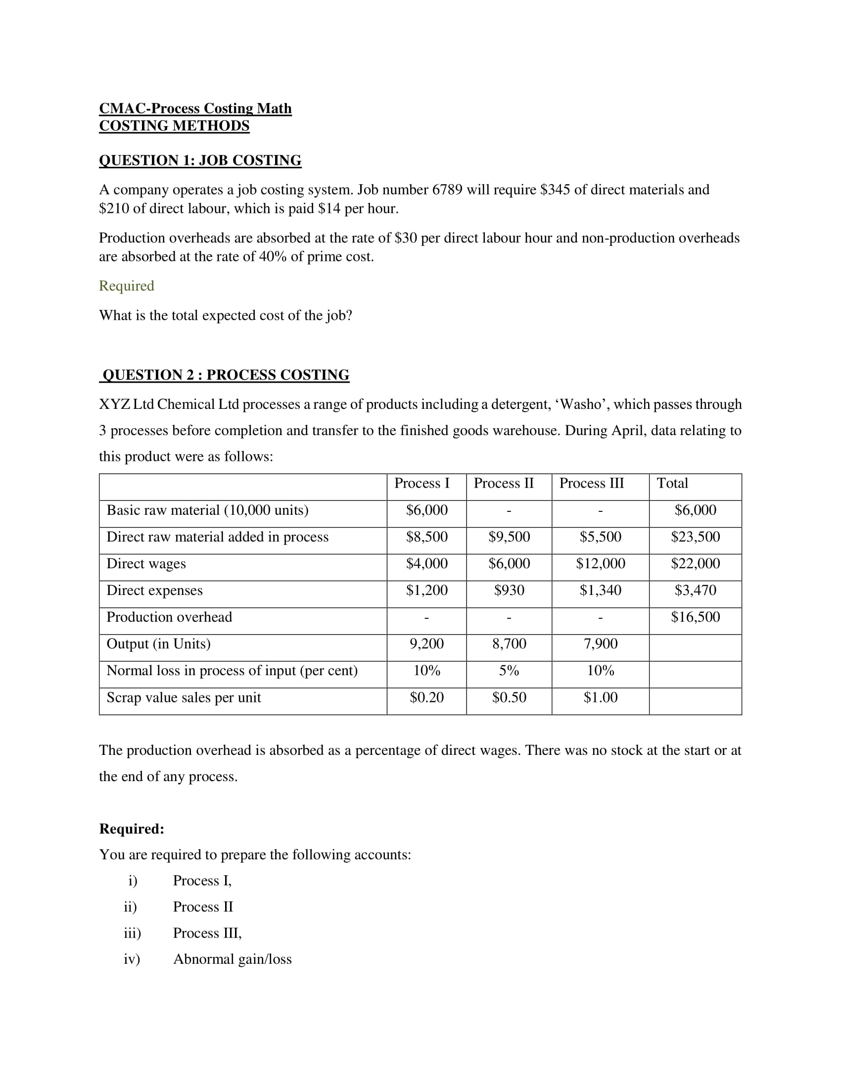Cost Management Accounting Costing Method CMAC-Process Costing Math COSTING METHODS QUESTION 1: